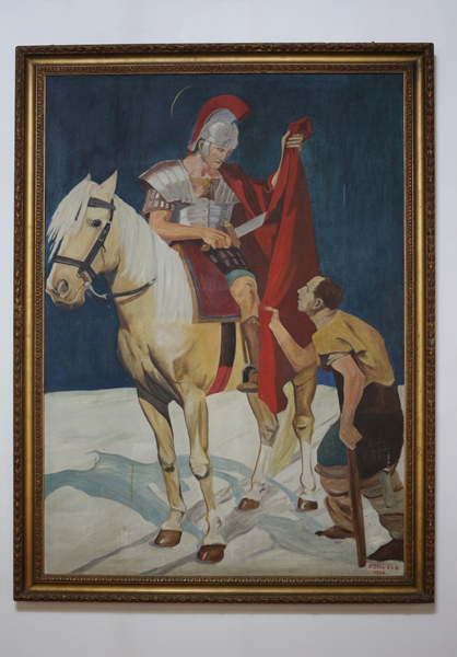 Pintura al óleo con imagen de San Martín de Tours, elaborado por el párroco benedictino Otto Hoffsteter en 1938 y representa al santo en su conocido acto de caridad. Foto José Luis Rosales, Diciembre 2016.