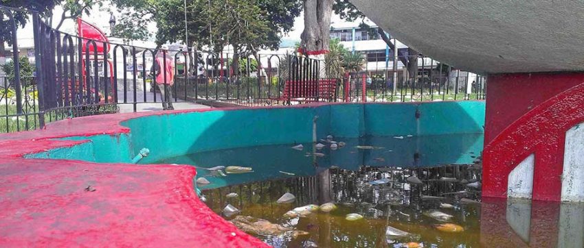 Plaza Bolívar de Valera. Se observa el estado de la fuente. Alerta Patrimonio cultural de Venezuela